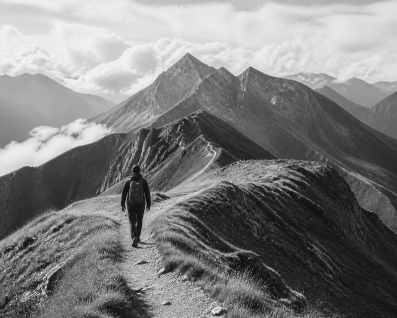 A lone hiker following a mountain ridge trail toward a wide view.