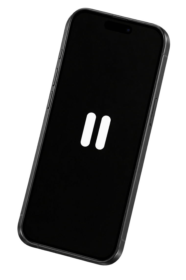 Illustrative black iPhone with the white ScreenMute pause mark on its screen.
